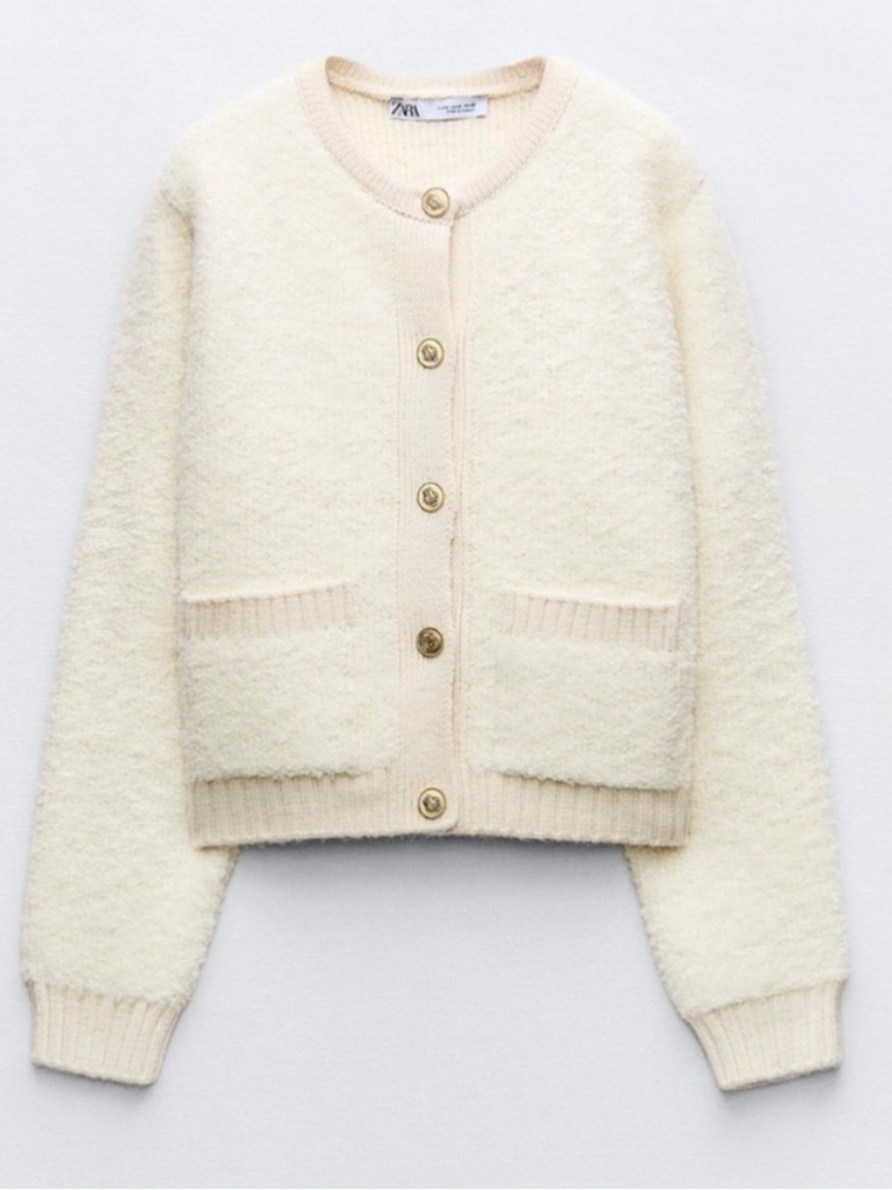 Zara Cream Bouclé Cream Ivory Knit Cardigan Gold Crest Buttons M Old Money Class